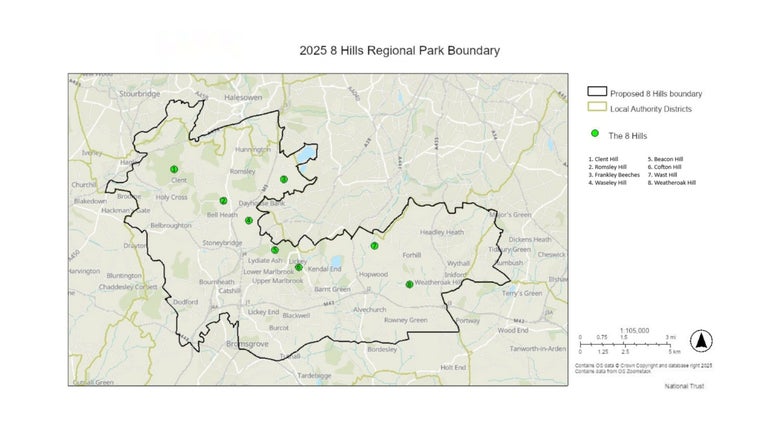 A map of part of Worcestershire with a line around indicating the extent of the proposed 8 Hills regional park boundary